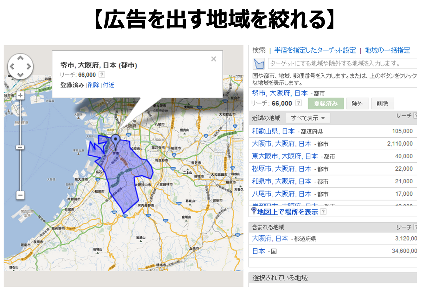 広告を出す地域を絞っている画面のイメージ図